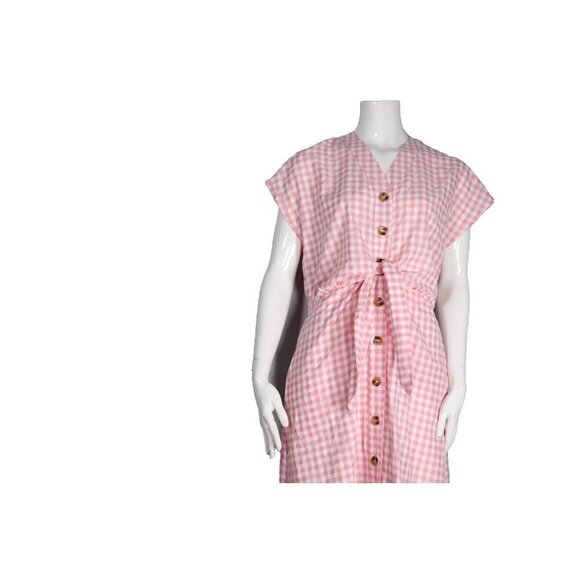Gray Label Women's US12 Pink White Gingham Dress Tie-Up V-Neck Pockets Midi NWT - Picture 3 of 12